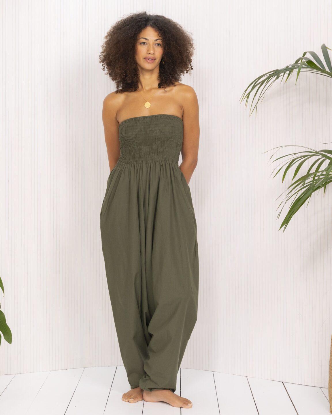 Convertible Cotton 2-in-1 Jumpsuit & Harem Pants in Khaki Green