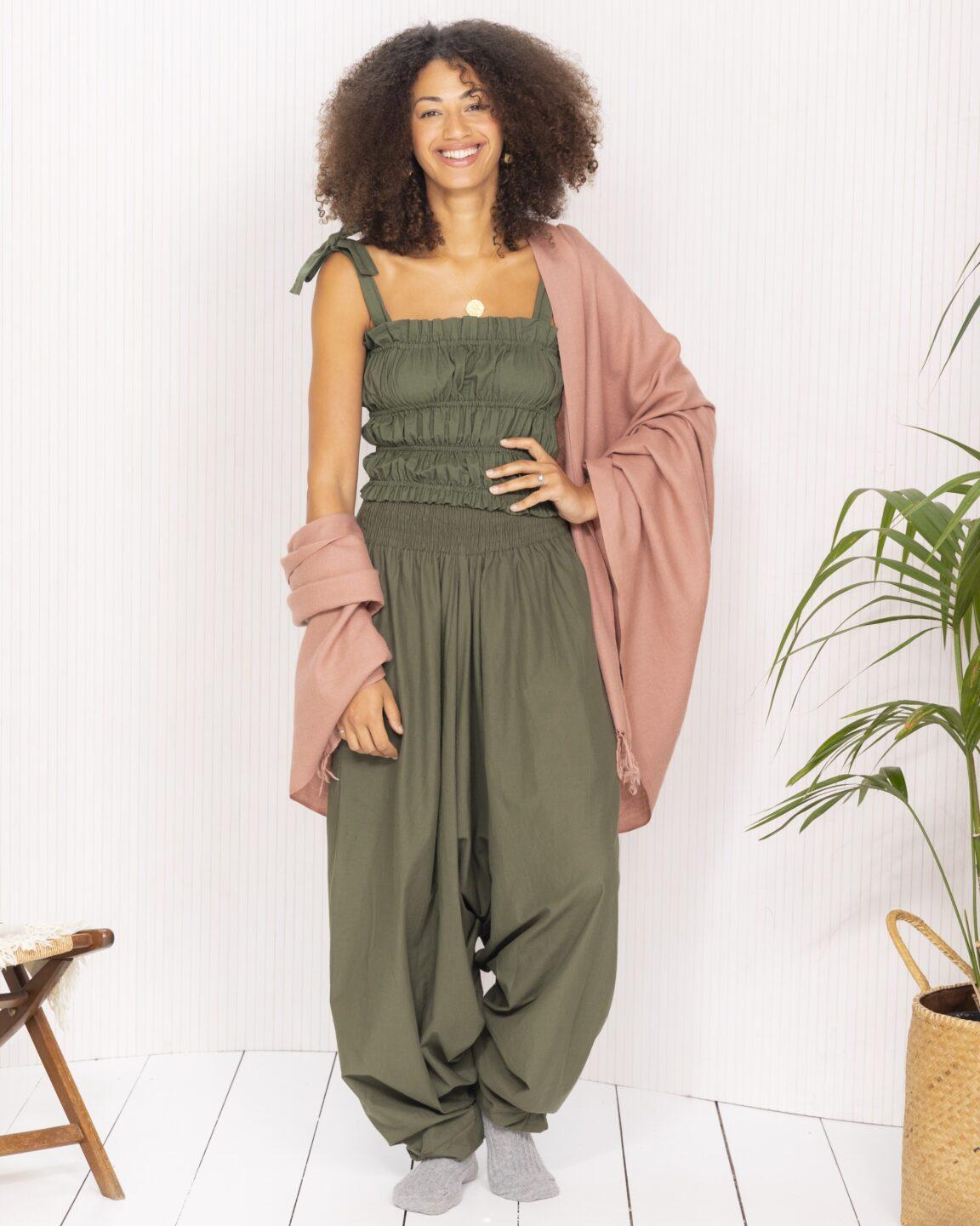 Convertible Cotton 2-in-1 Jumpsuit & Harem Pants in Khaki Green