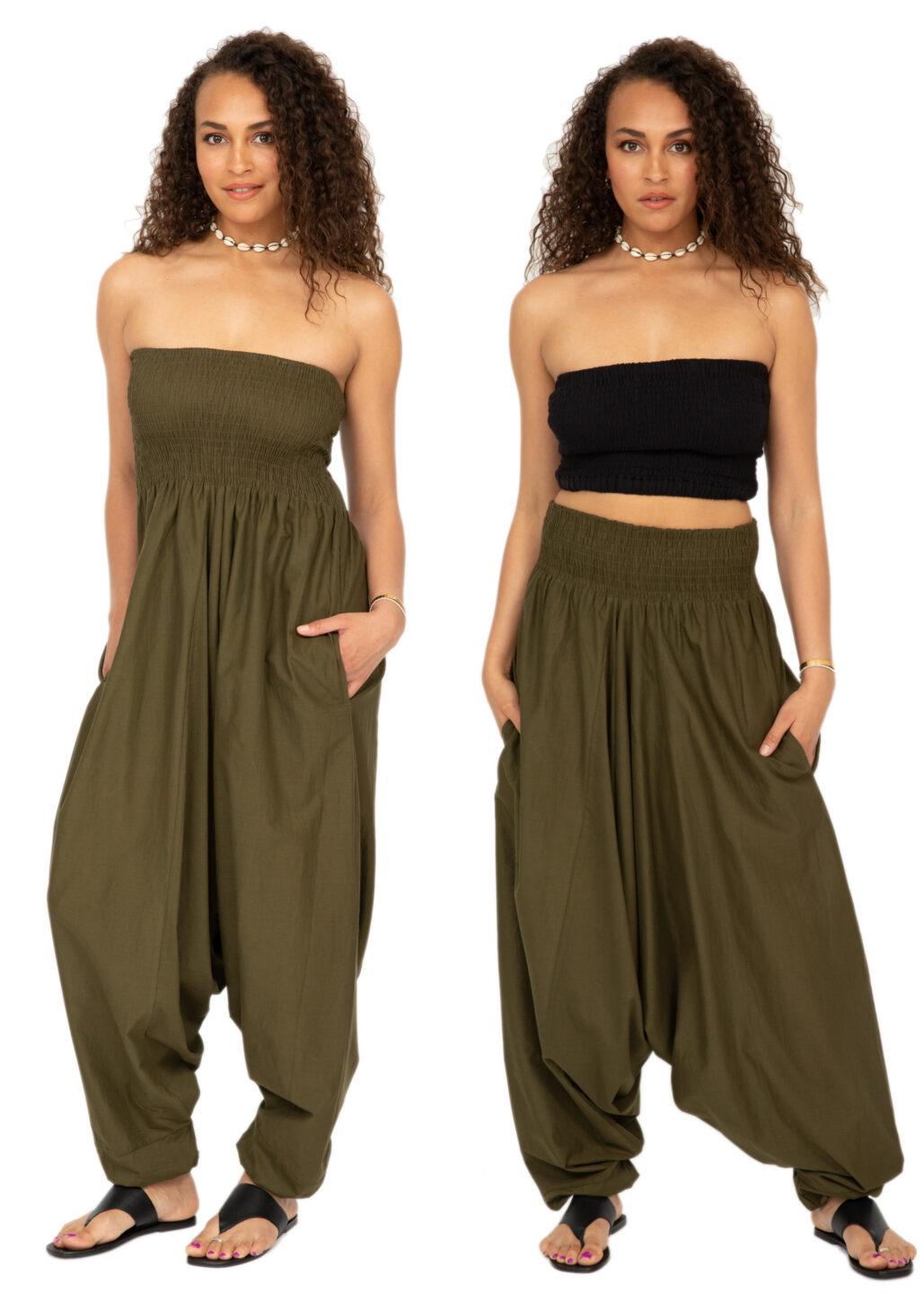 Convertible Cotton 2-in-1 Jumpsuit & Harem Pants in Khaki Green