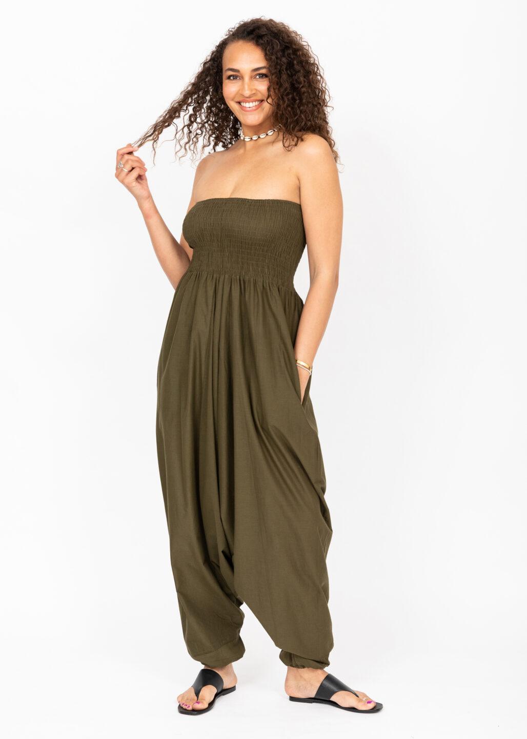 Convertible Cotton 2-in-1 Jumpsuit & Harem Pants in Khaki Green