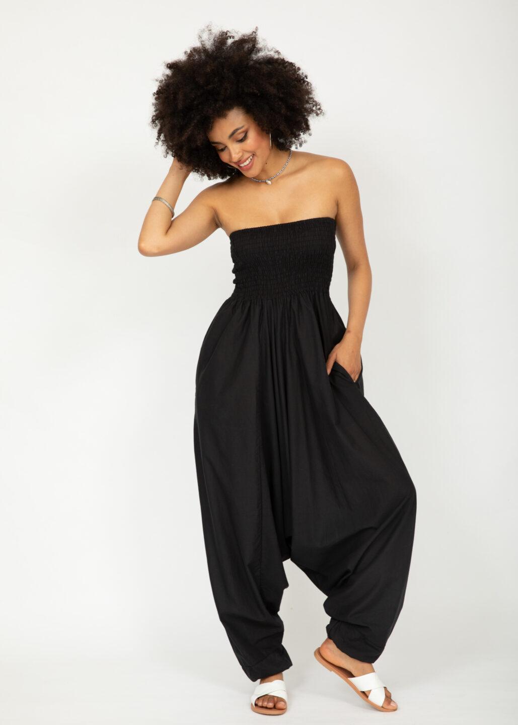 Convertible Cotton 2-in-1 Jumpsuit & Harem Pants in Black