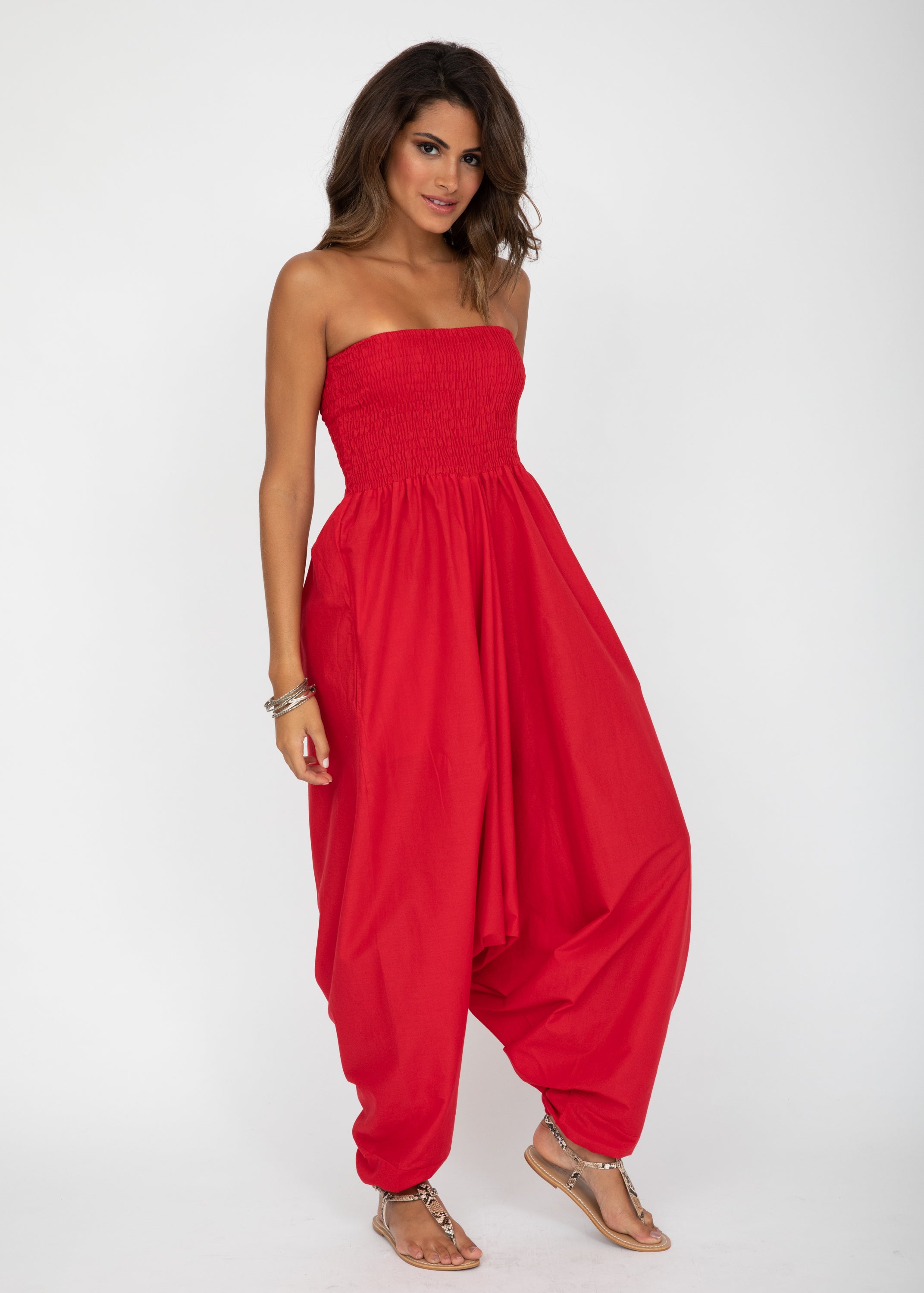 Convertible Cotton 2-in-1 Jumpsuit & Harem Pants in Red