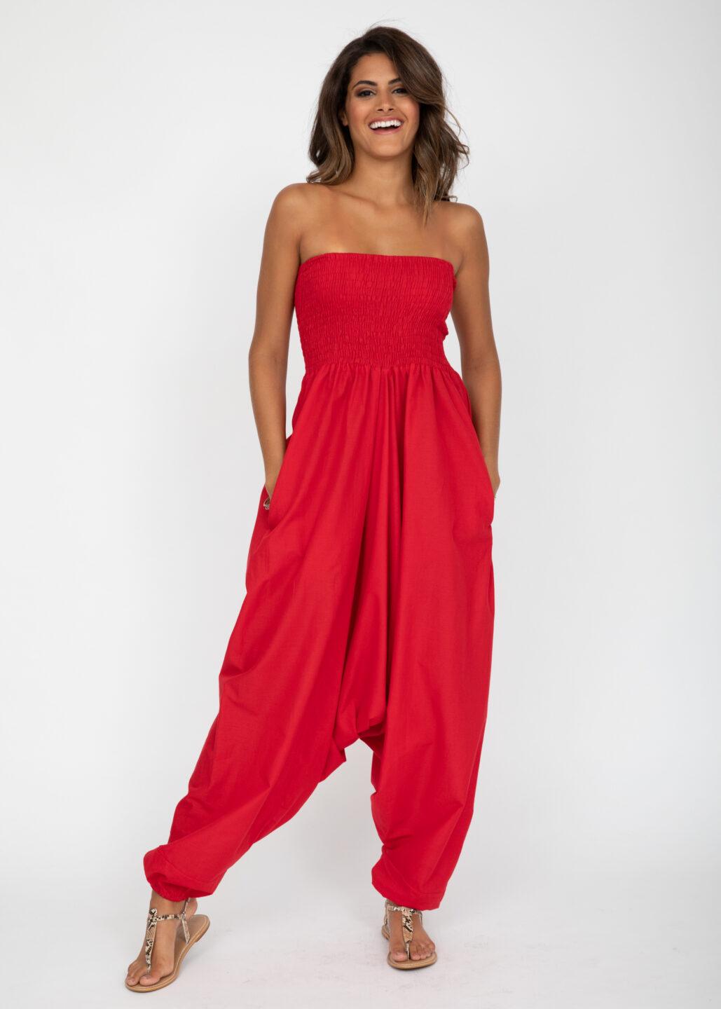 Convertible Cotton 2-in-1 Jumpsuit & Harem Pants in Red