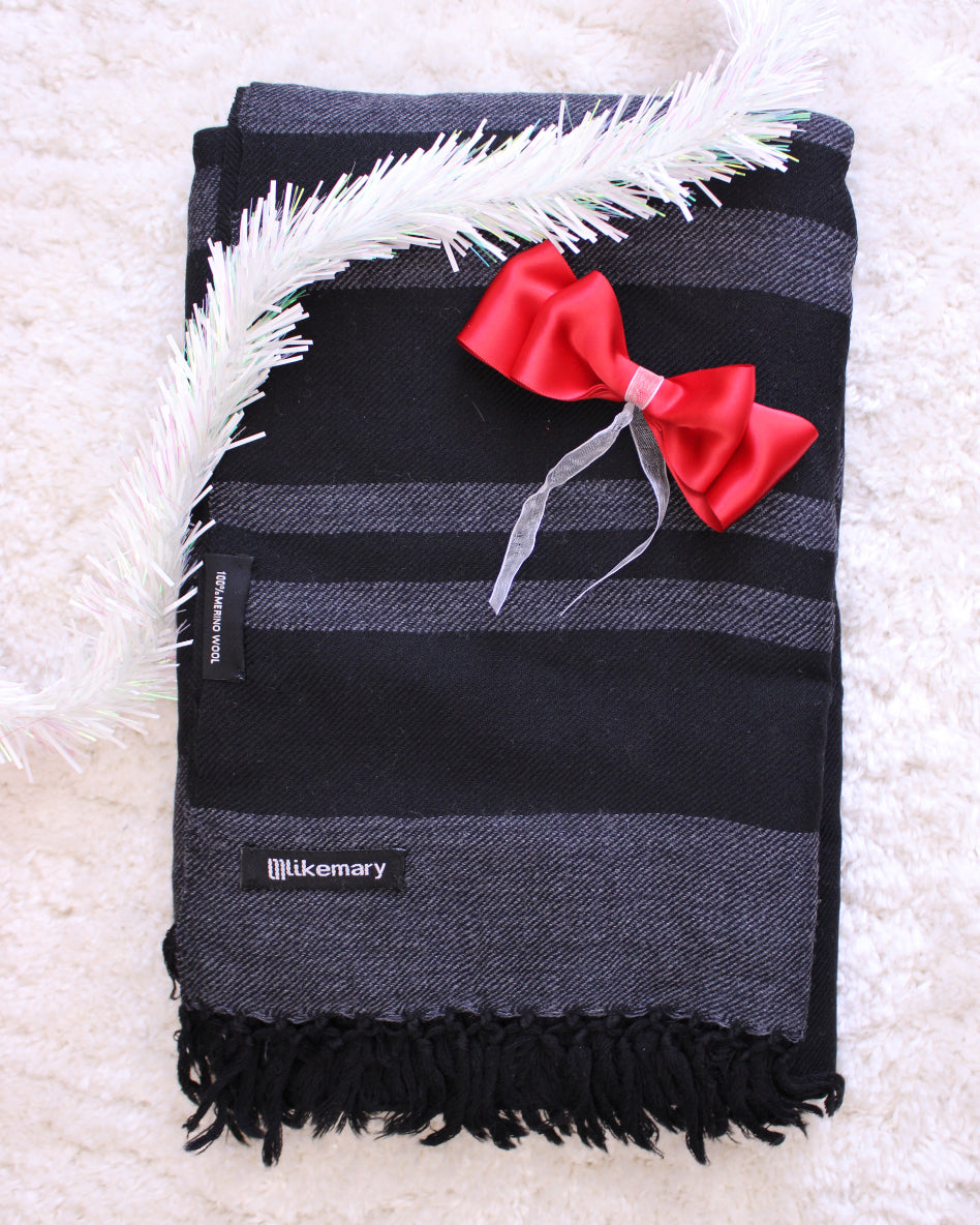 Ethically Handwoven Merino Wool Blanket Shawl in Black with Stripes