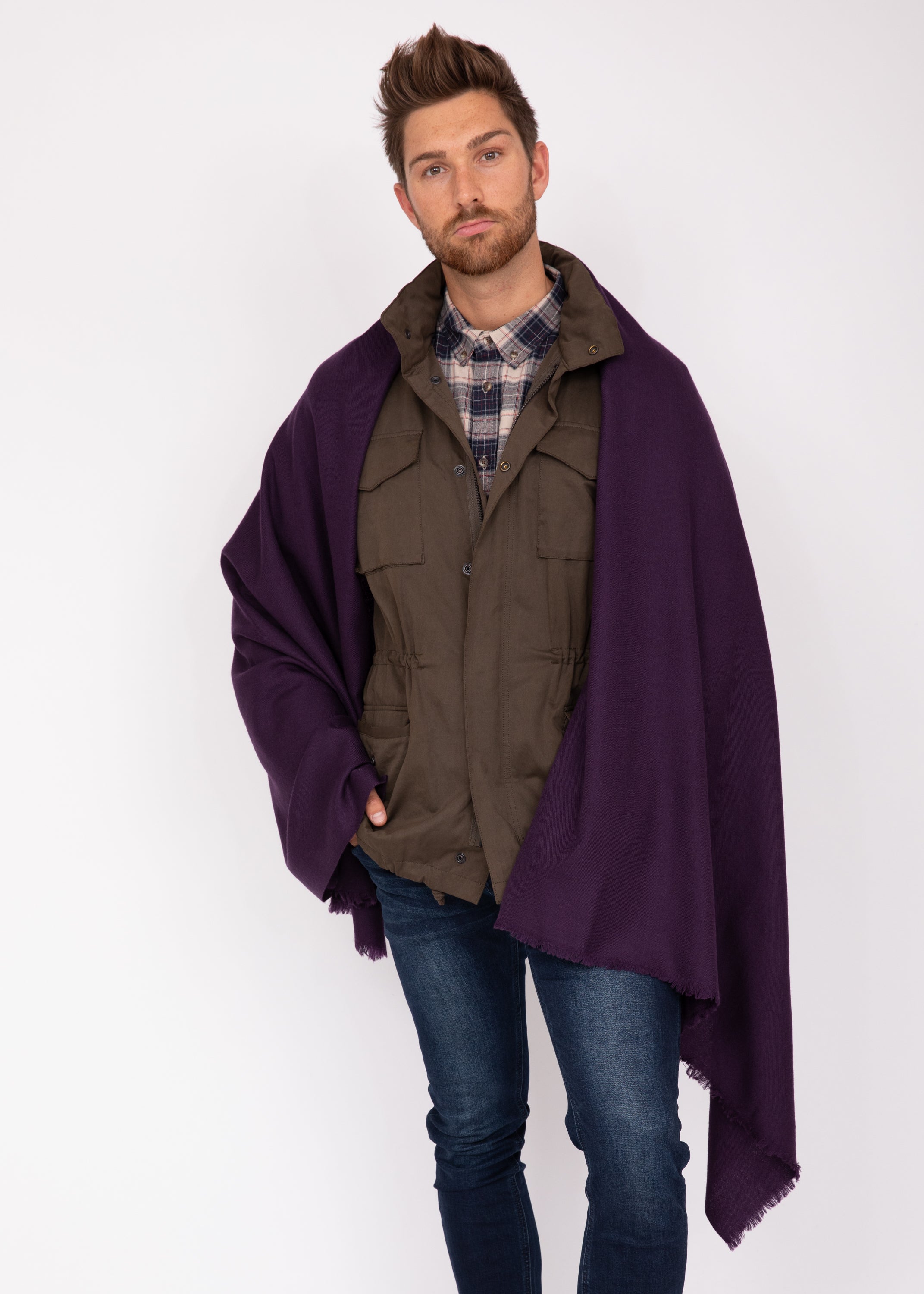 Handwoven Merino Wool Blanket Scarf for Men in Purple