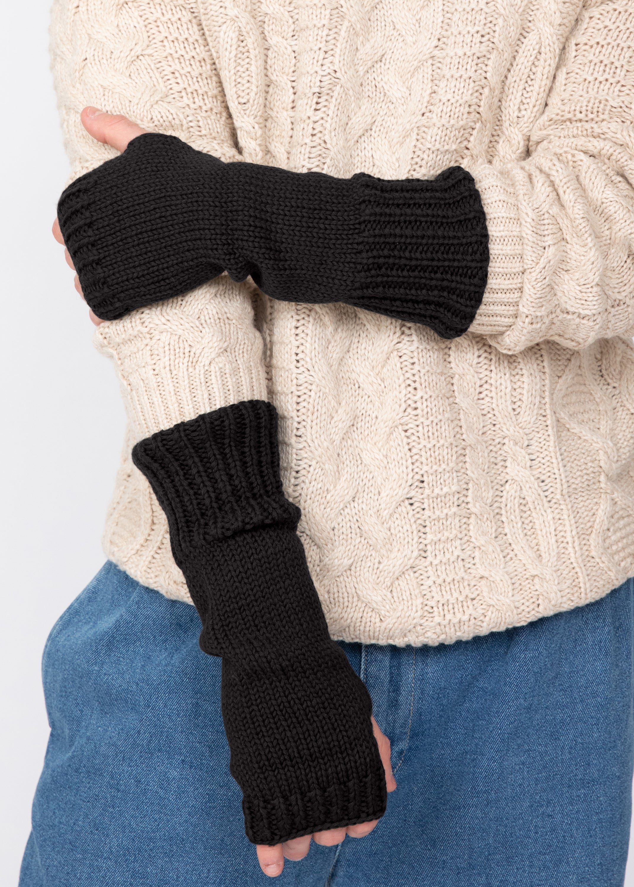 Ethically Made Men's Merino Wool Long Fingerless Gloves in Black