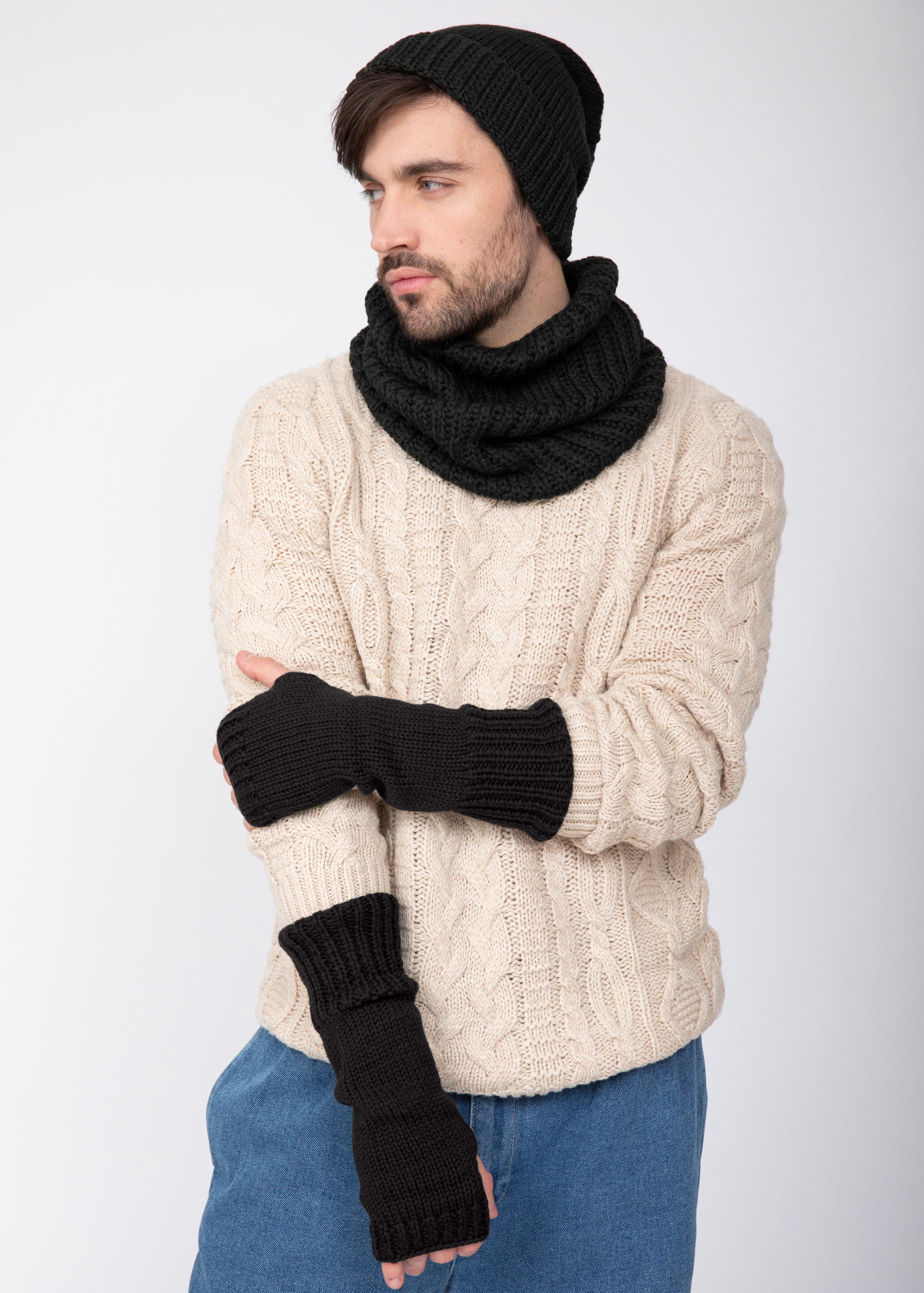 Ethically Made Men's Merino Wool Long Fingerless Gloves in Black