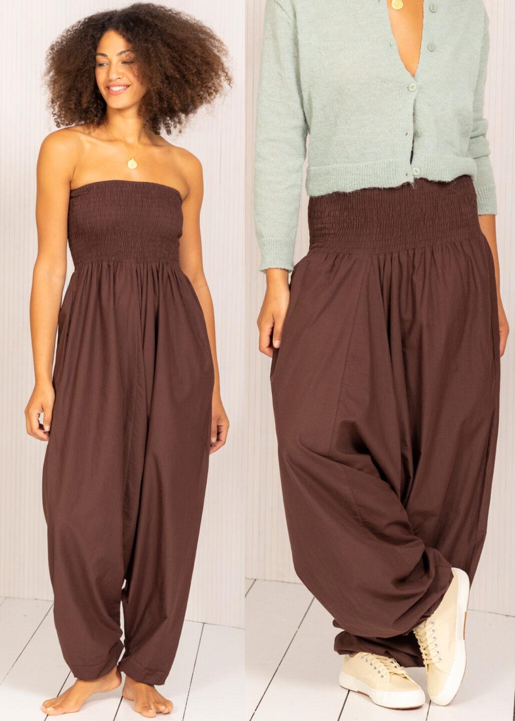 Convertible Cotton 2-in-1 Jumpsuit & Harem Pants in Chocolate Brown