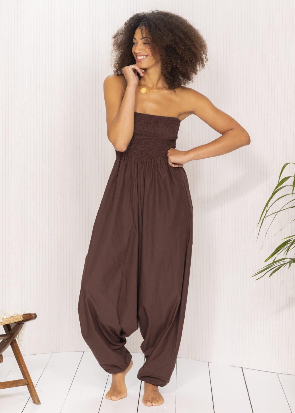 Convertible Cotton 2-in-1 Jumpsuit & Harem Pants in Chocolate Brown