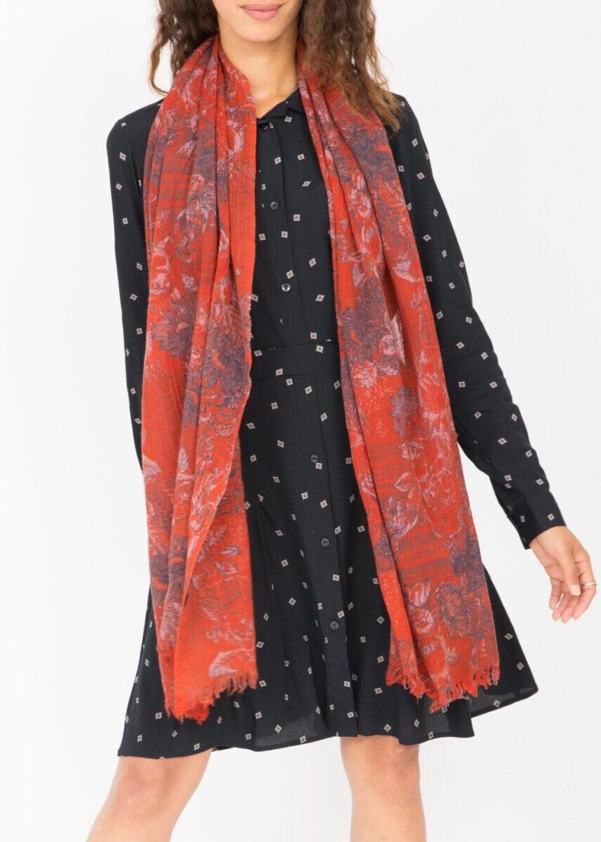 likemary red printed wool scarf, perfect for adding vibrant style to any outfit