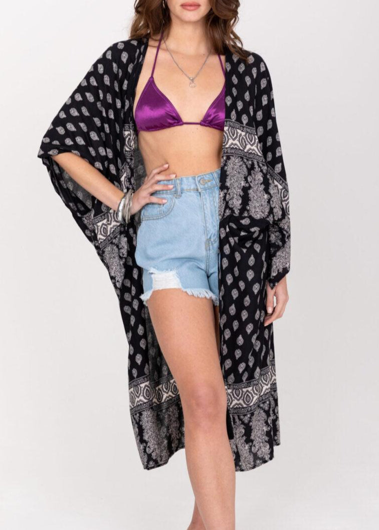 Long Kimono in Boho Print Black