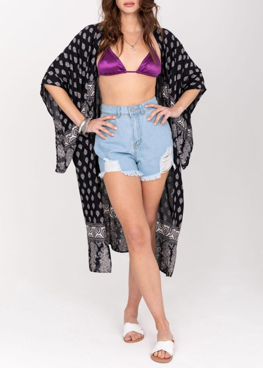 Long Kimono in Boho Print Black