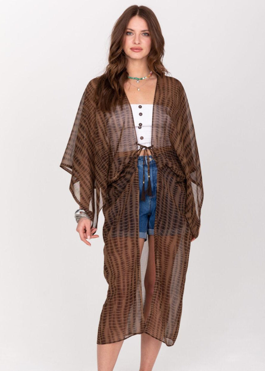 Long Kimono in Brown Tie Dye Print