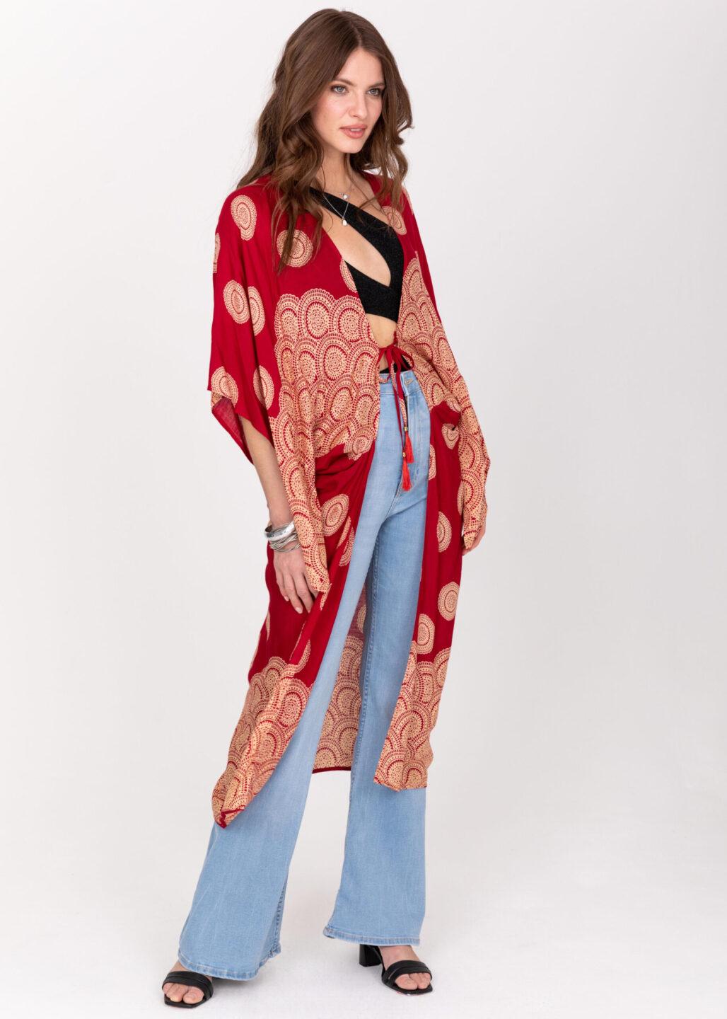 Long Kimono in Mandala Print Red