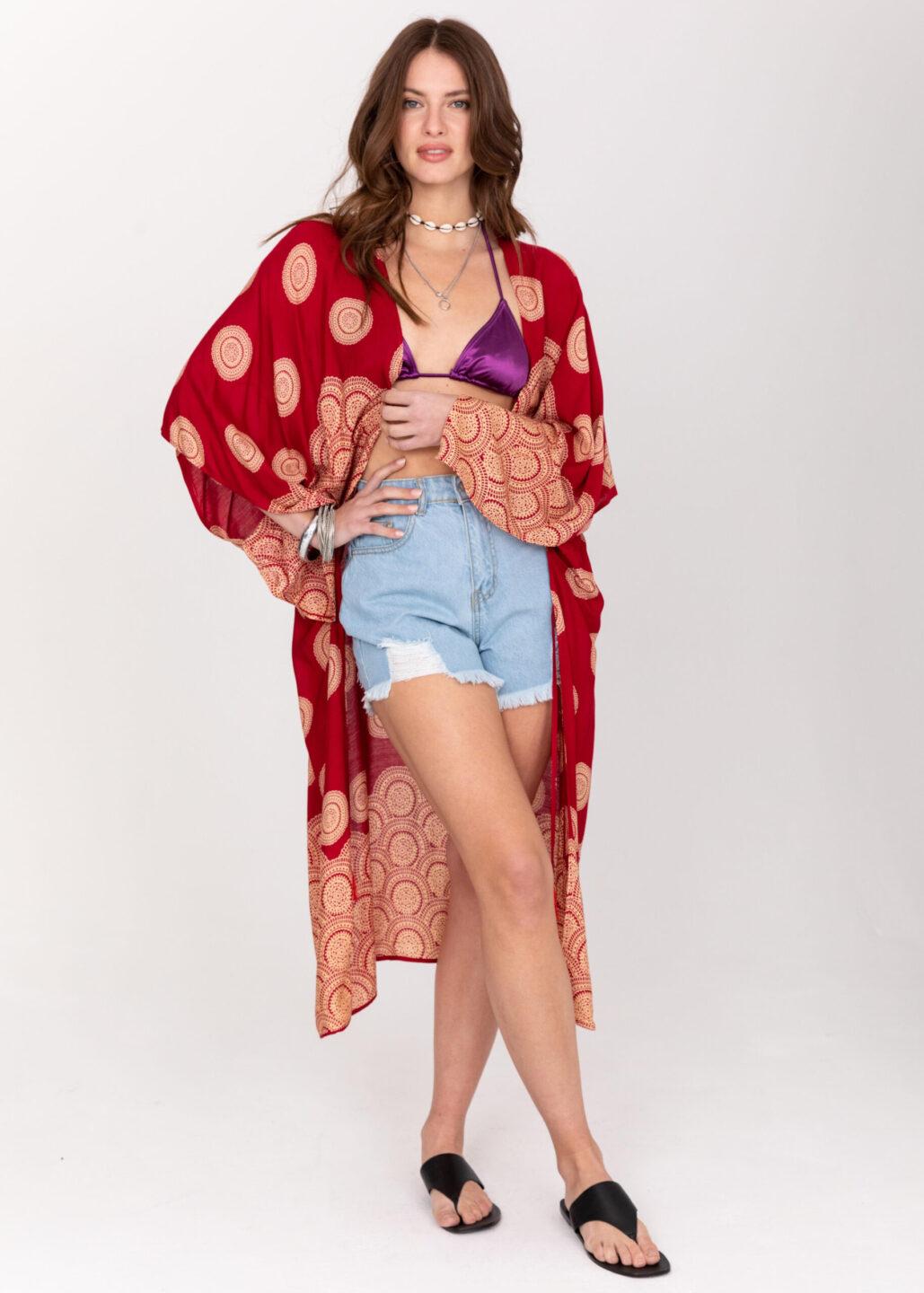 Long Kimono in Mandala Print Red