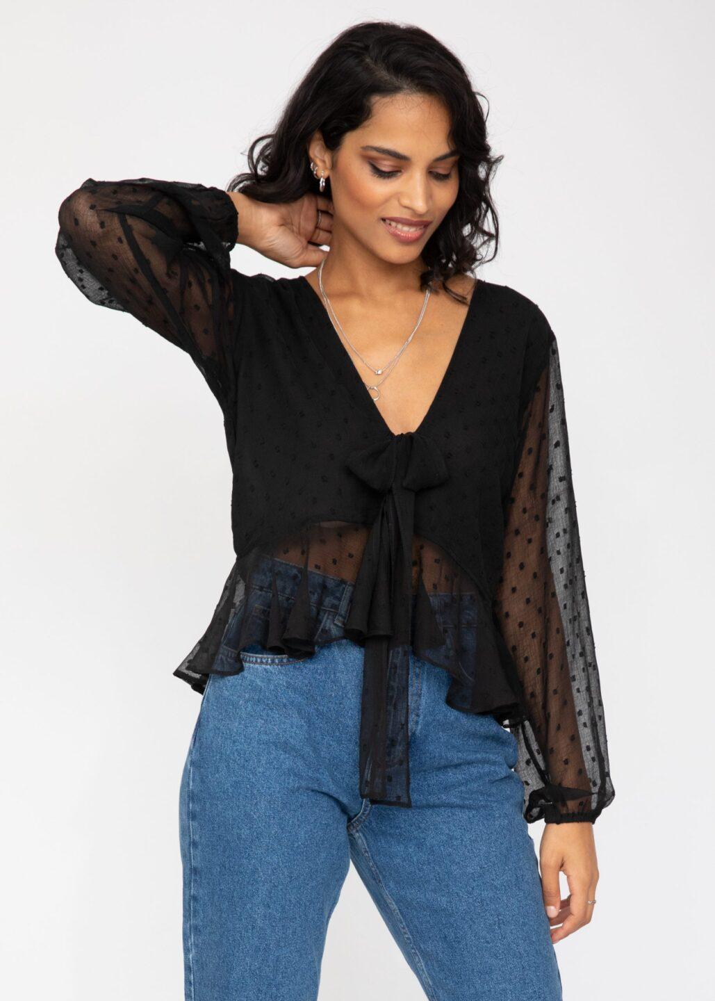 Long Puff Sheer Sleeve Butterfly Top In Black