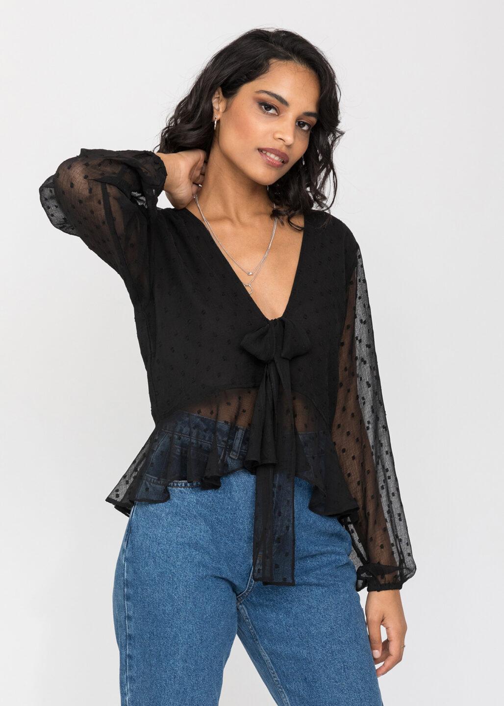 Long Puff Sheer Sleeve Butterfly Top In Black