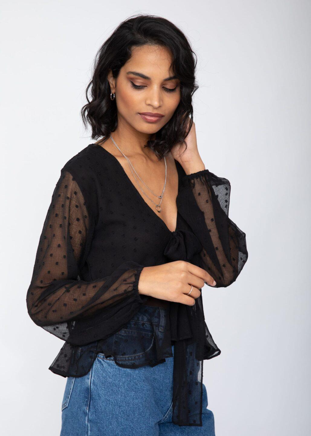 Long Puff Sheer Sleeve Butterfly Top In Black