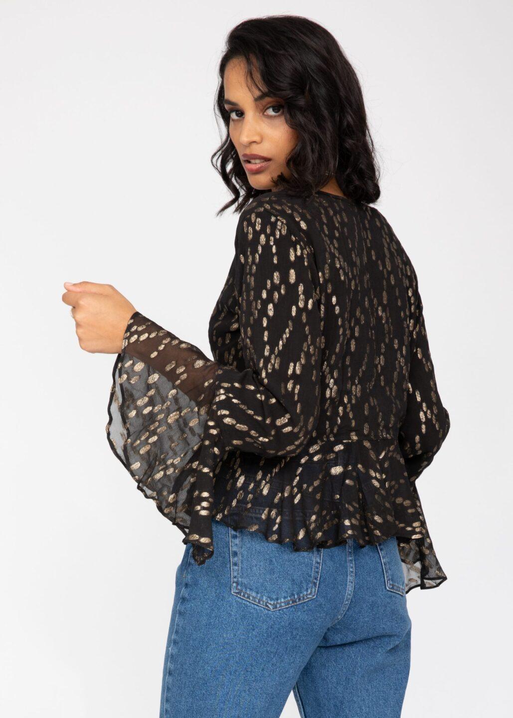 Long Trumpet Sleeve Butterfly Top In Black and Gold