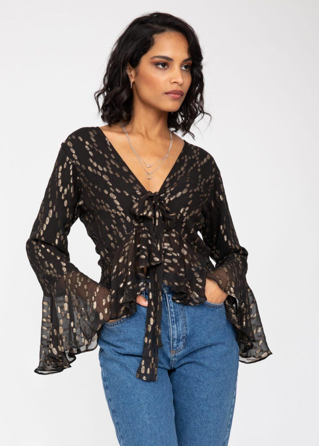 Long Trumpet Sleeve Butterfly Top In Black and Gold