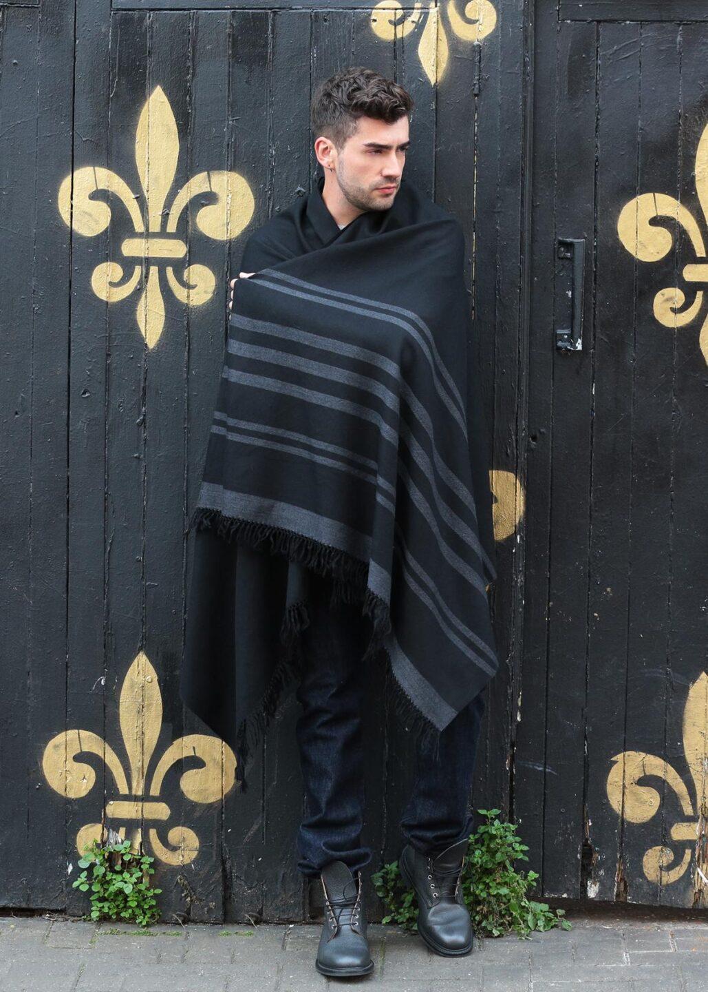 Twill Handwoven Merino Shawl and Oversize Scarf with Stripes 100 X 200cm Black