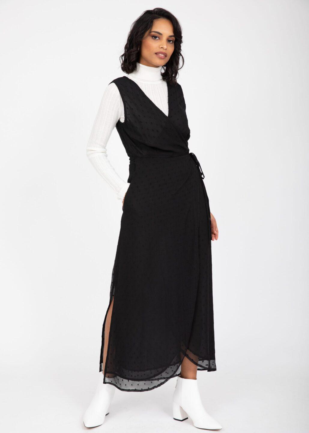 Maxi Wrap Dress with Side Split in Black