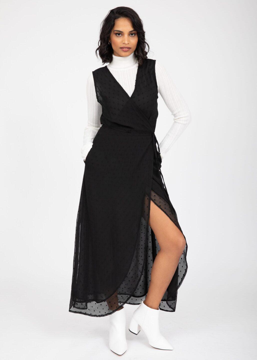 Maxi Wrap Dress with Side Split in Black