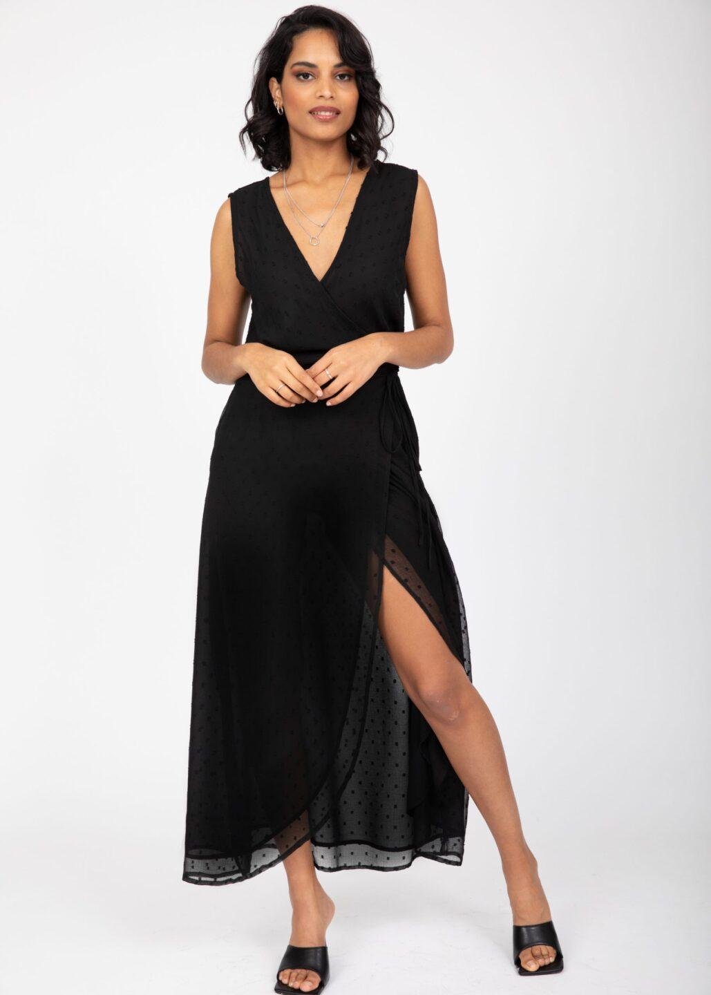 Maxi Wrap Dress with Side Split in Black