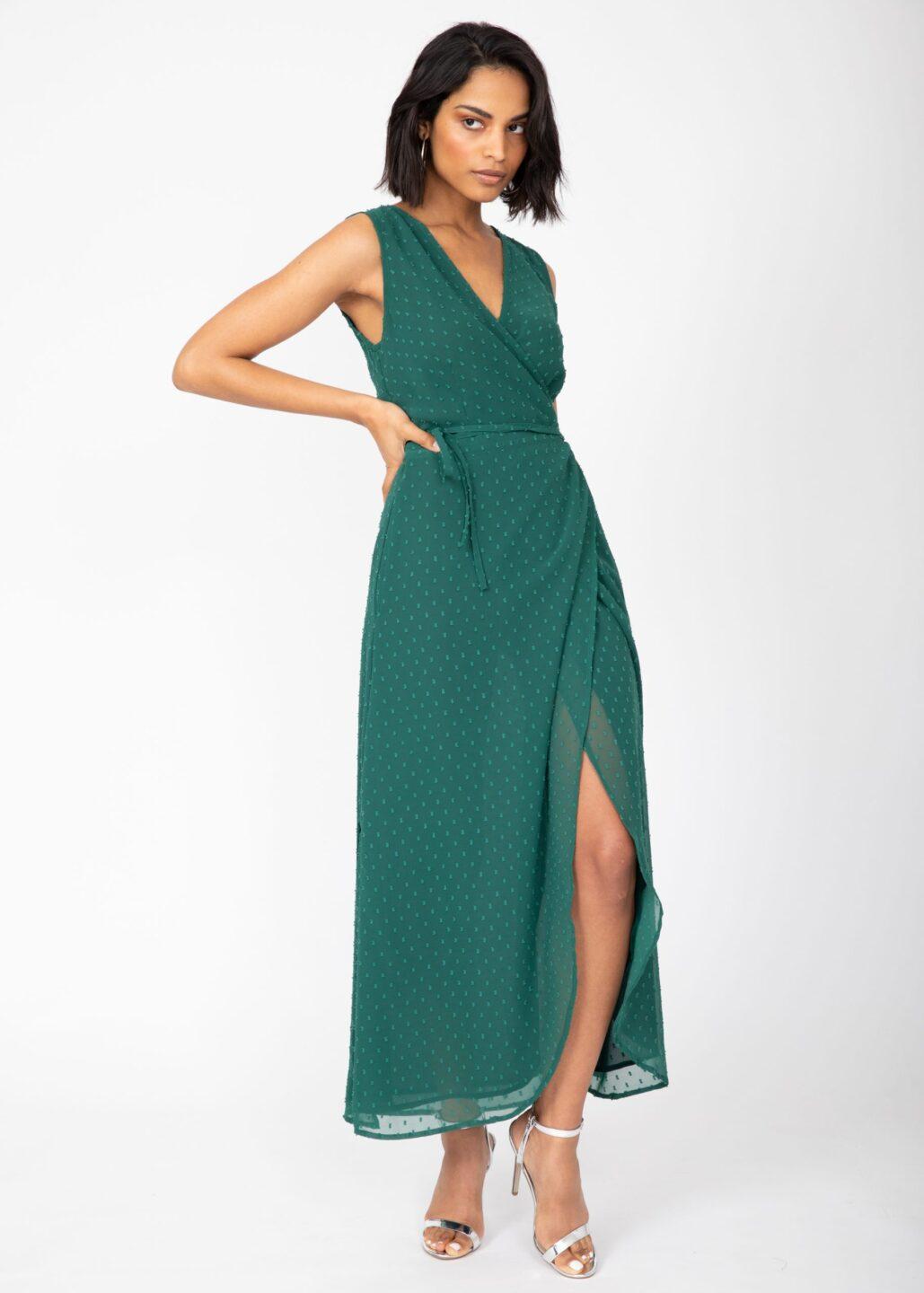 Maxi Wrap Dress With Side Split in Emerald Green