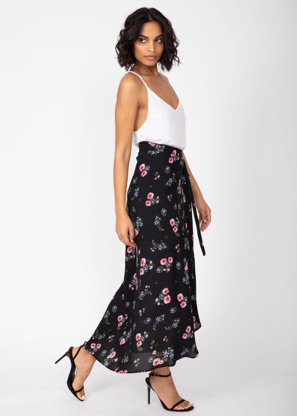 Maxi Wrap Skirt Black Floral Print