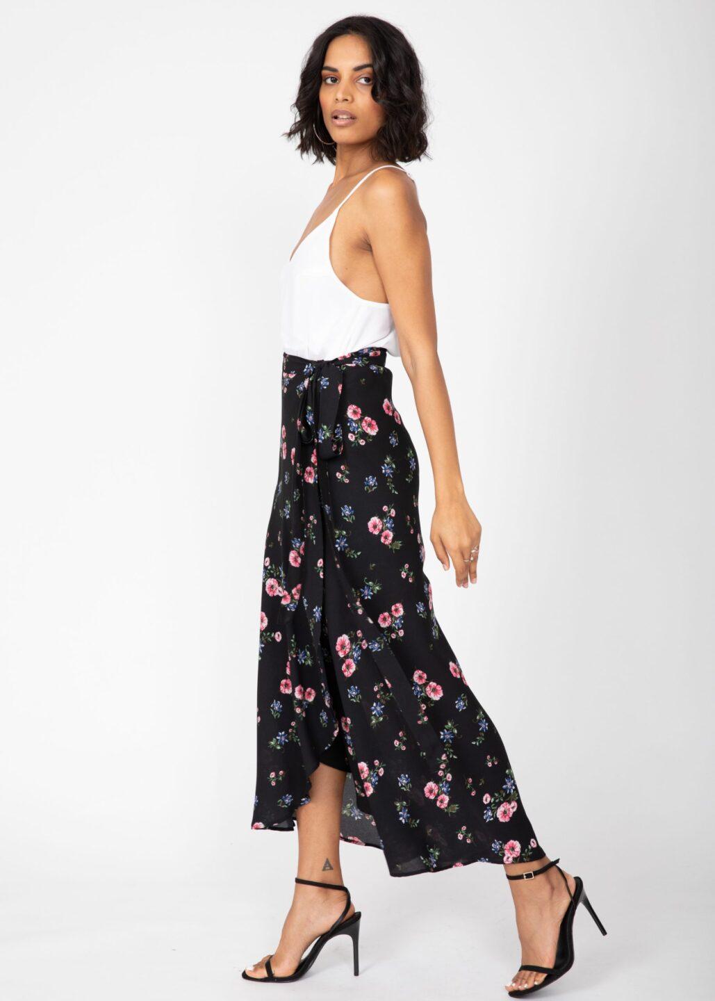 Maxi Wrap Skirt Black Floral Print