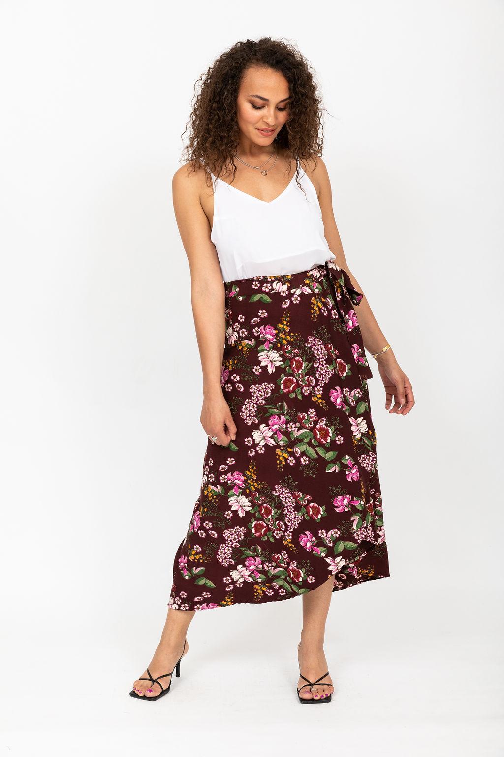 Maxi Wrap Skirt in Pink Floral Burgundy