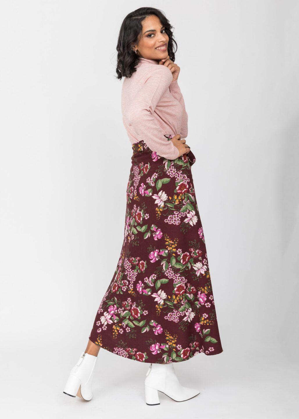 Maxi Wrap Skirt in Pink Floral Burgundy