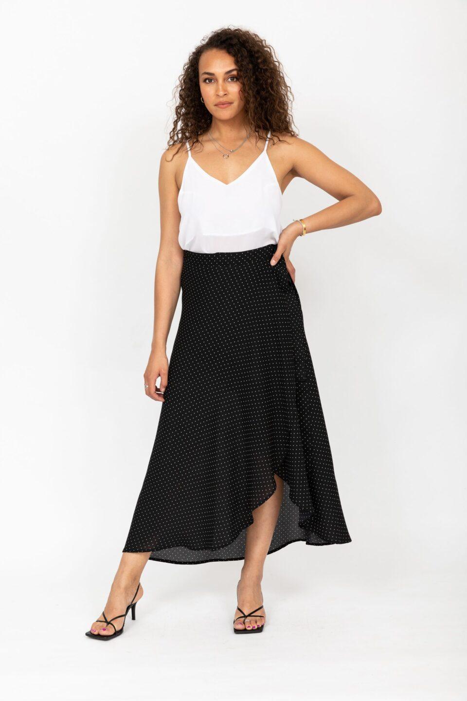 Maxi Wrap Skirt in Polka Dot Black