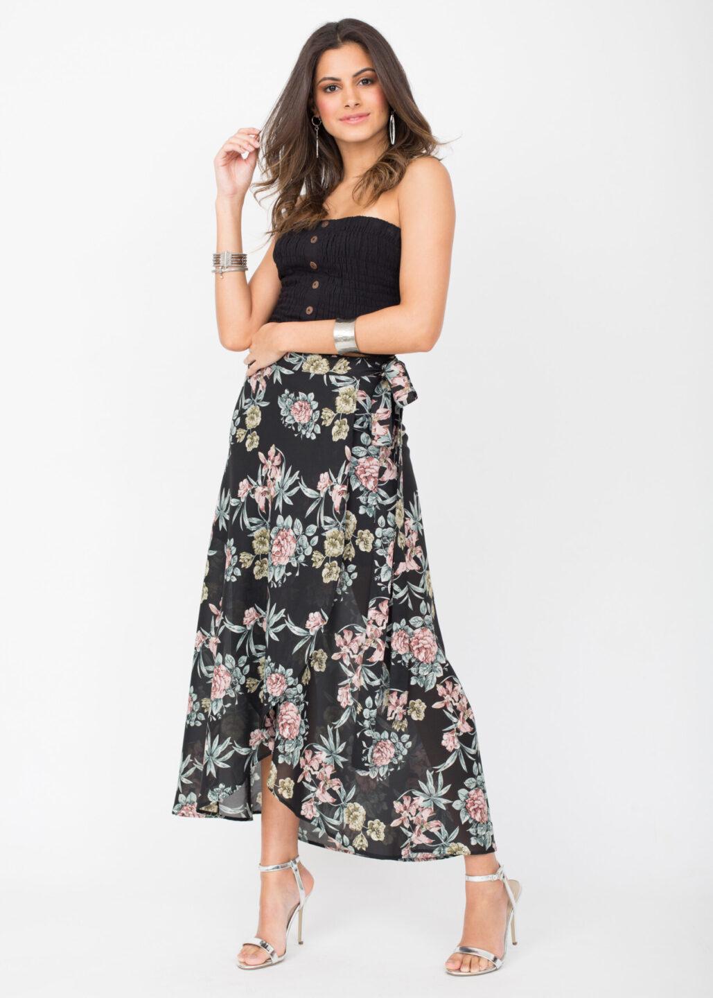 Maxi Wrap Skirt Roses Floral Print Black