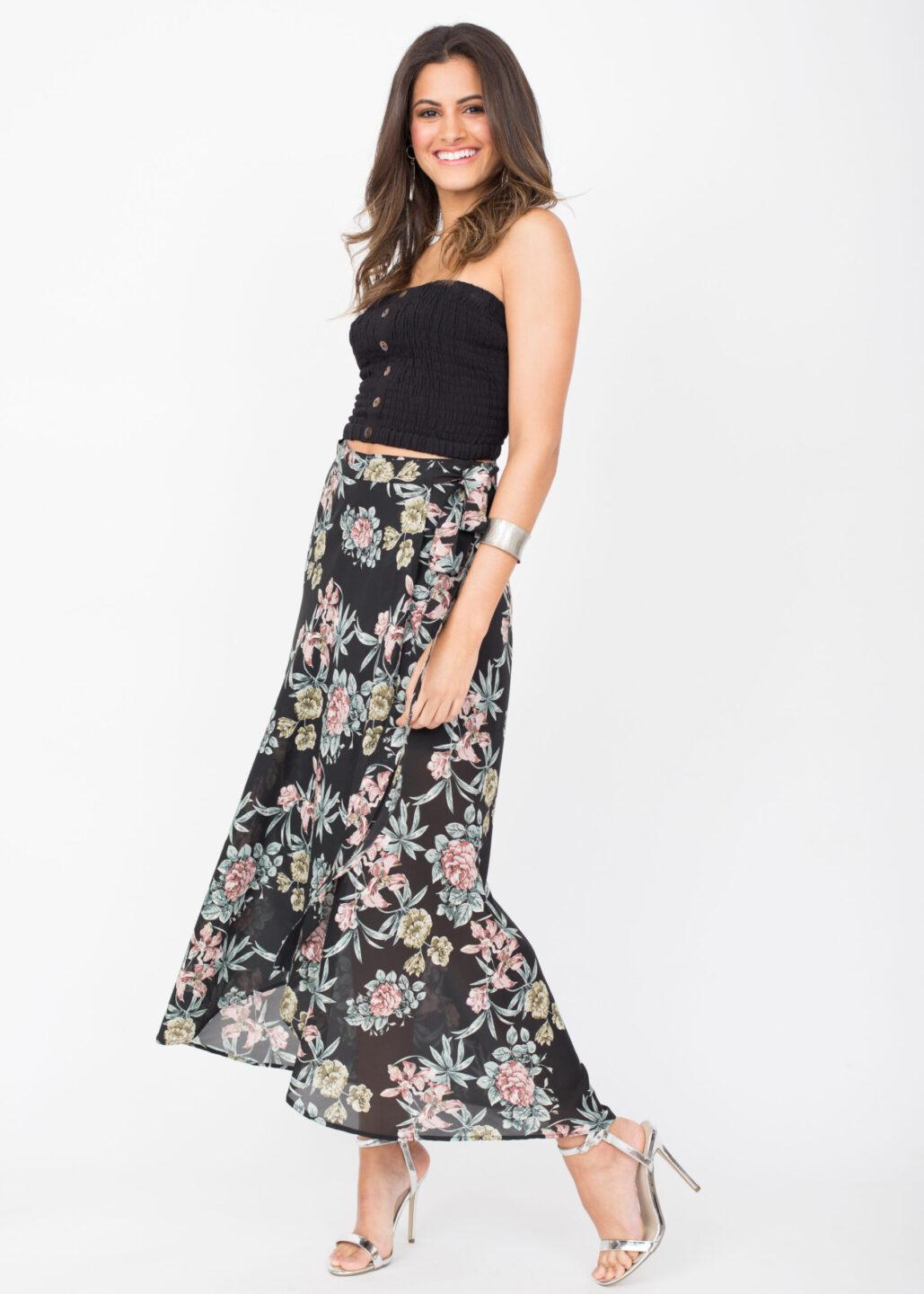 Maxi Wrap Skirt Roses Floral Print Black