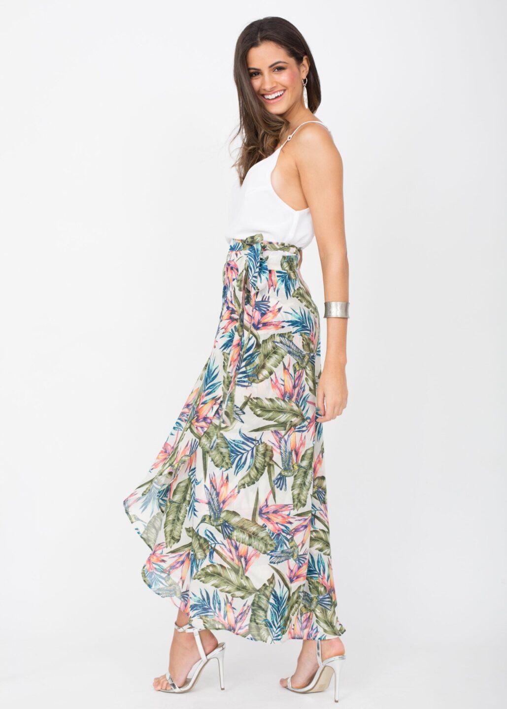 Maxi Wrap Skirt Roses Floral Print White