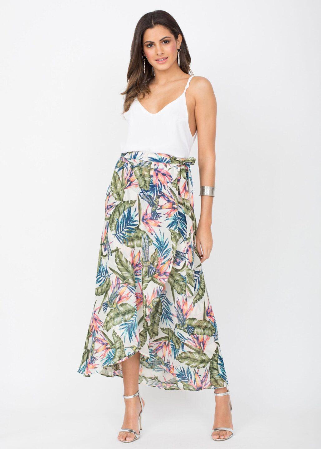 Maxi Wrap Skirt Roses Floral Print White