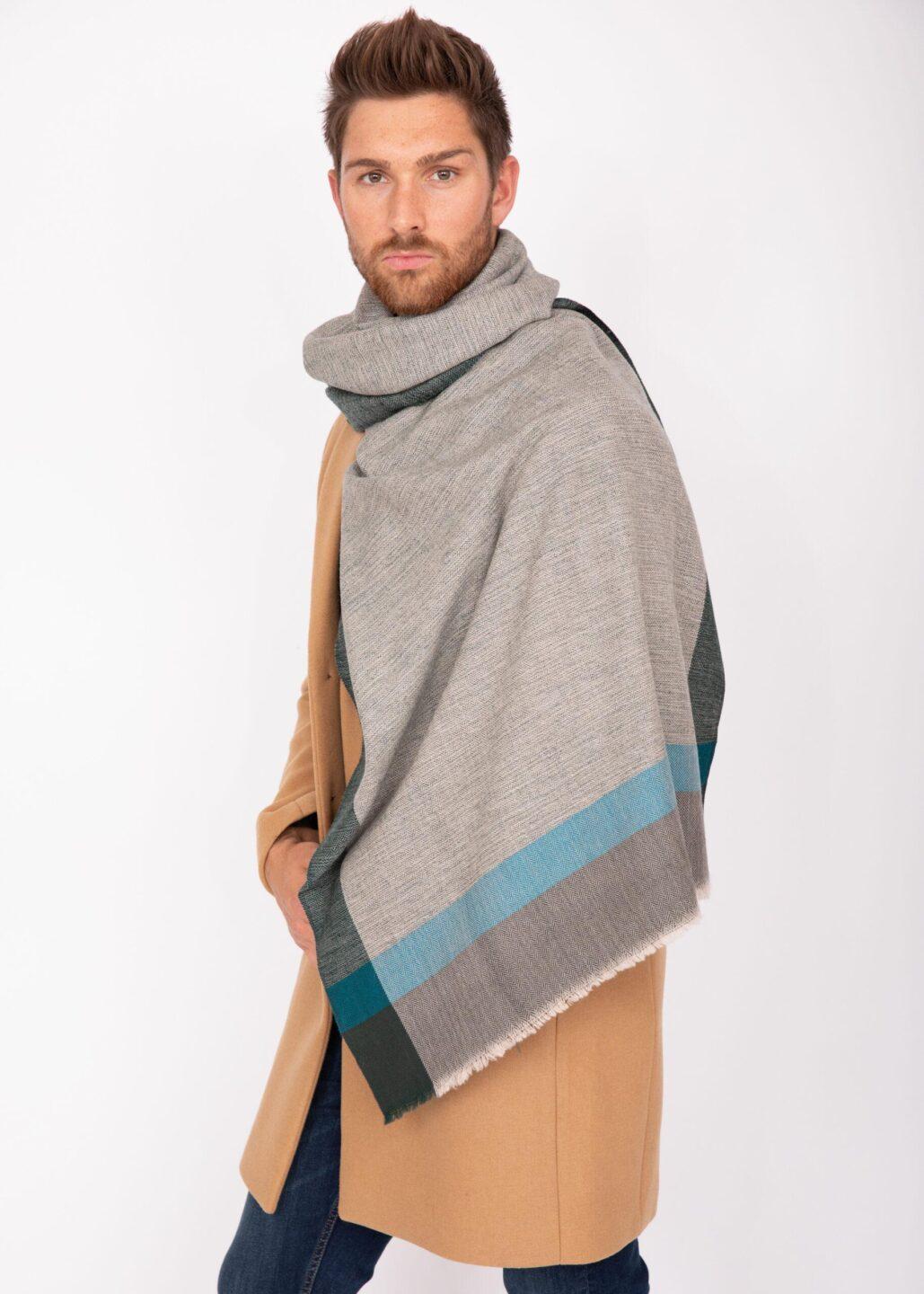 Mens Merino Wool Oversize Blanket Scarf Handwoven Herringbone Weave Greens