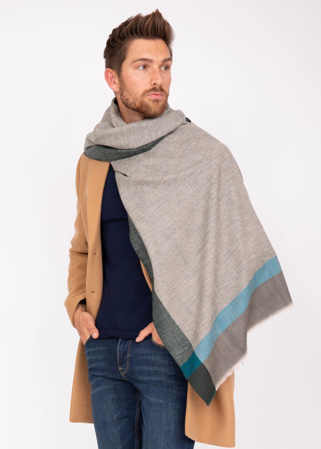 Mens Merino Wool Oversize Blanket Scarf Handwoven Herringbone Weave Greens