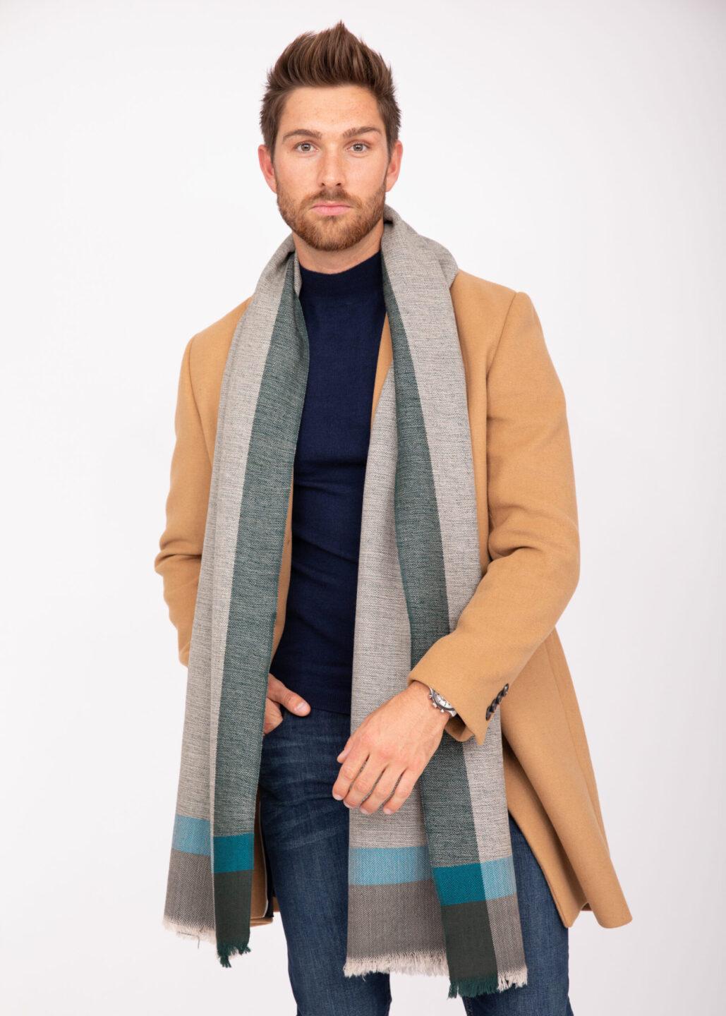 Mens Merino Wool Oversize Blanket Scarf Handwoven Herringbone Weave Greens