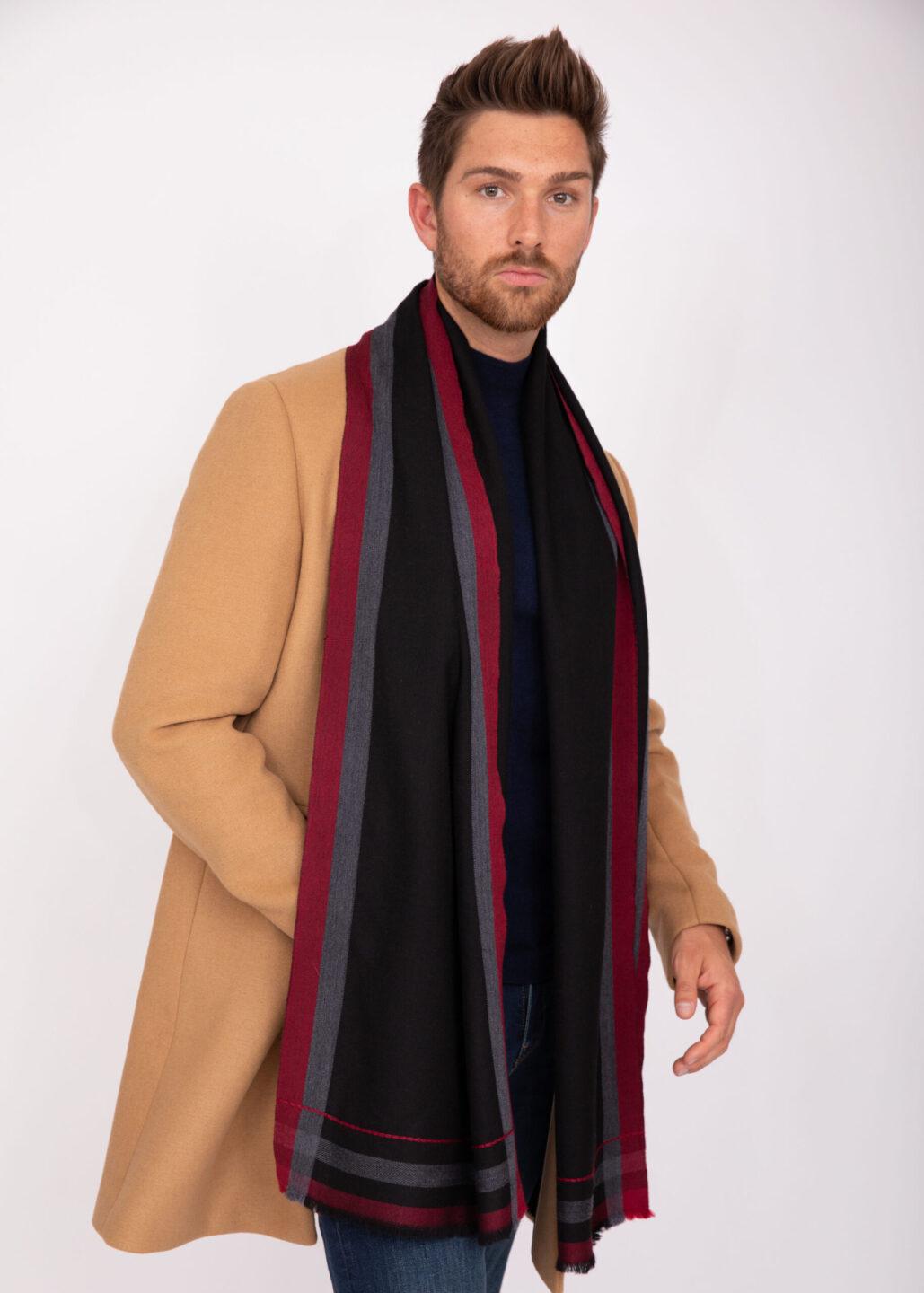 Mens Merino Wool Scarf Handwoven Black with Red Border