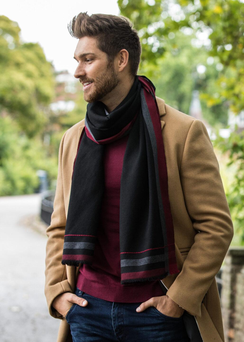 Mens Merino Wool Scarf Handwoven Black with Red Border