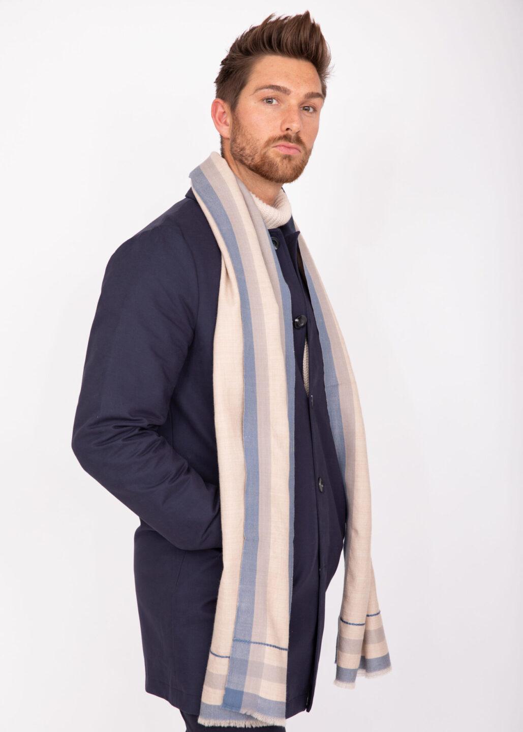 Mens Merino Wool Scarf Handwoven Neutral with Blue Border