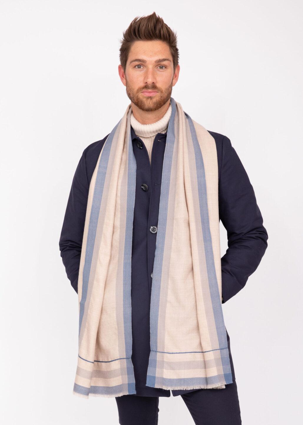 Mens Merino Wool Scarf Handwoven Neutral with Blue Border