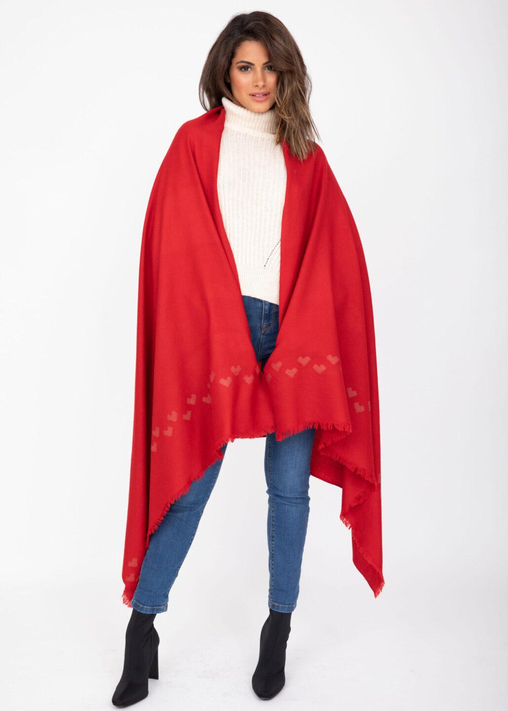 Merino Blanket Scarf Shawl and Oversize Scarf Love Hearts Red 100 x 200cm