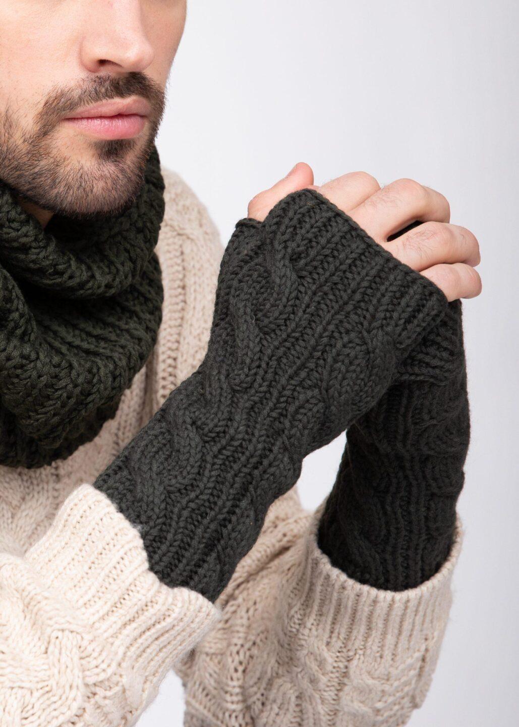 Cable Knitted Fingerless Gloves for Men 100% Merino Wool - Camo