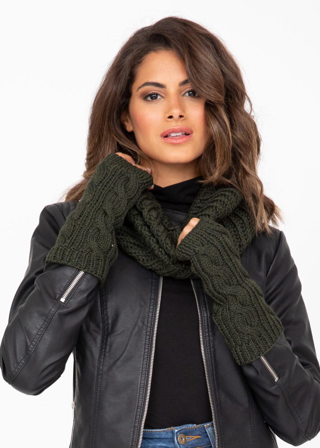 Merino Wool Cable Knitted Long Fingerless Gloves Camo Green