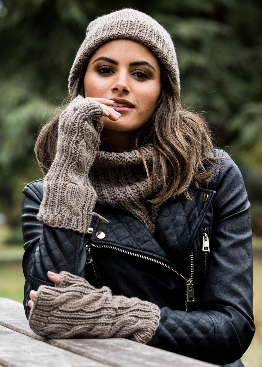 Merino Wool Cable Knitted Long Fingerless Gloves Mocha Brown