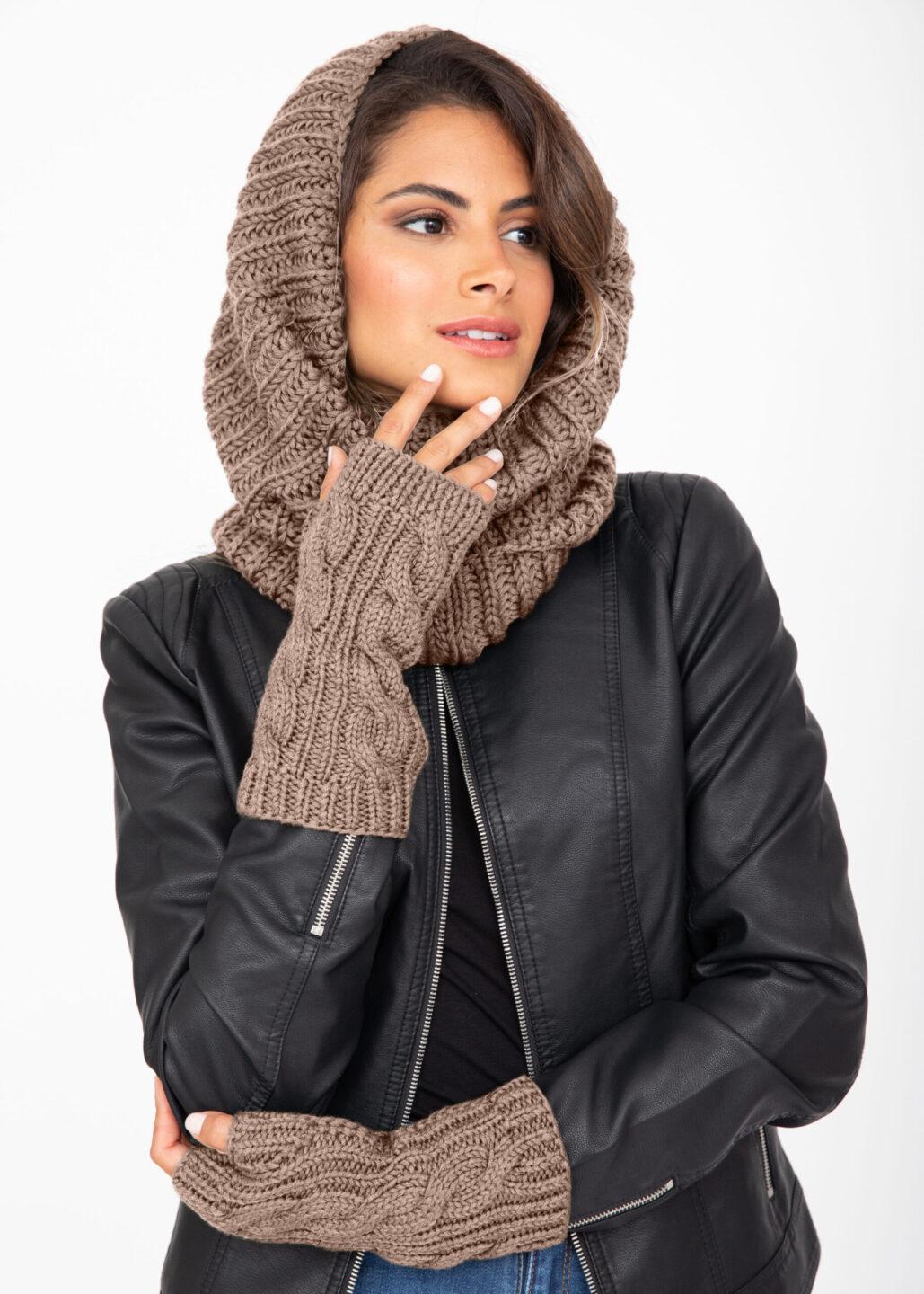 Merino Wool Cable Knitted Long Fingerless Gloves Mocha Brown